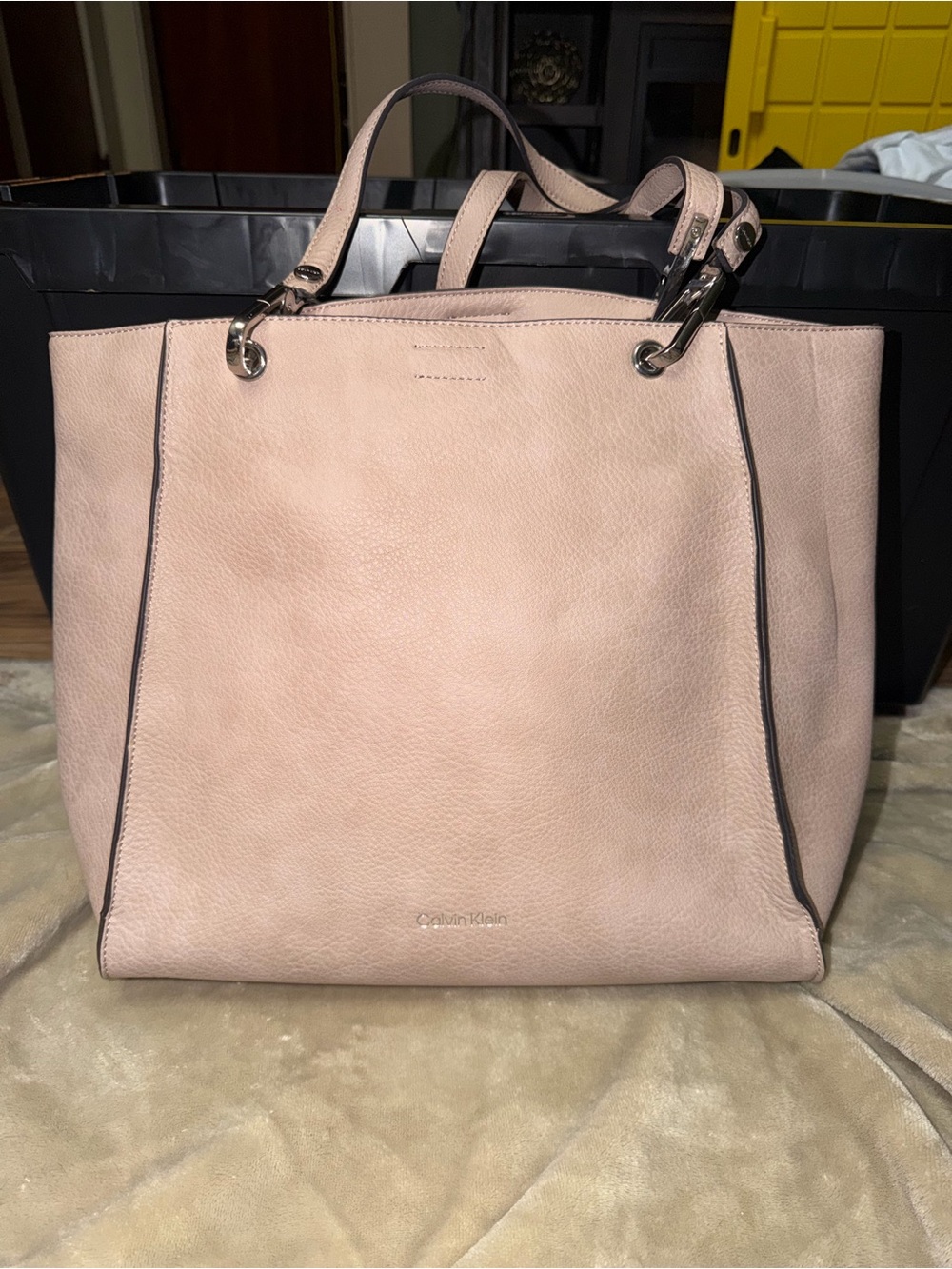 Calvin Klein beige Leather Tote with Silver-Tone Rings
